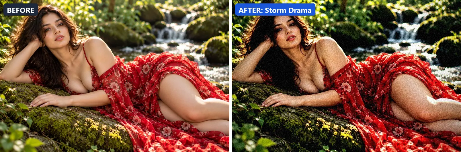 Before and after comparison of the Storm Drama photo filter (Atmosphere) on the sample photo