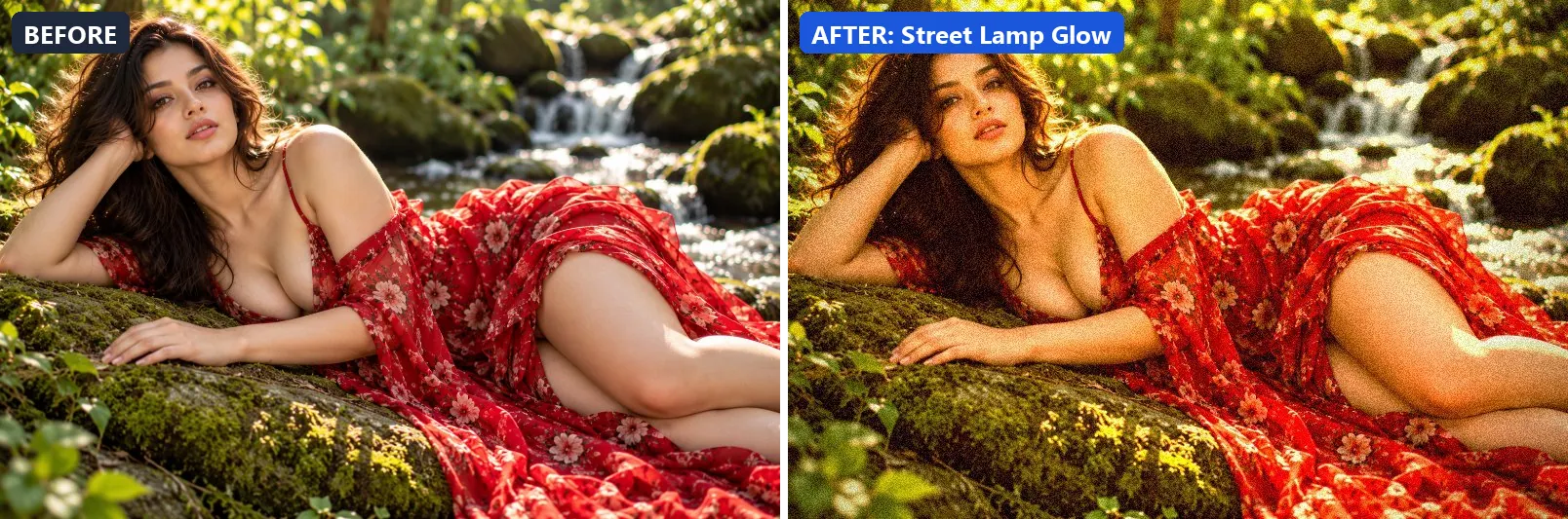 Before and after comparison of the Street Lamp Glow photo filter (Lighting Effects) on the sample photo