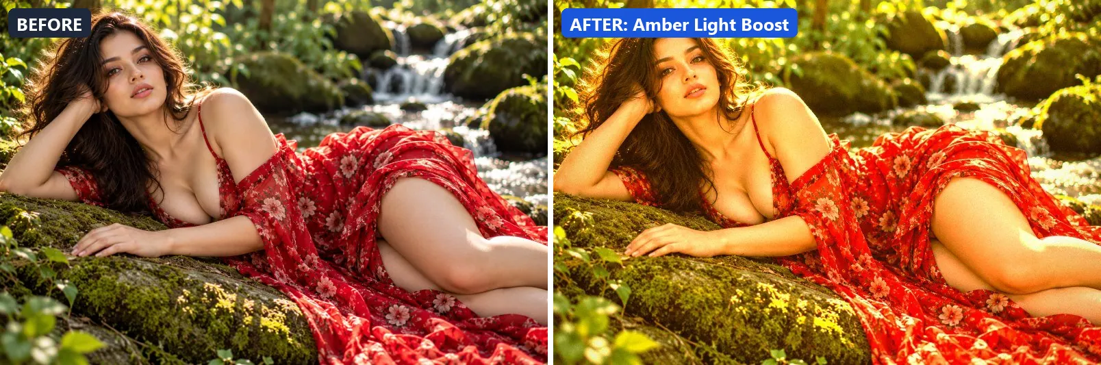 Before and after comparison of the Amber Light Boost photo filter (Golden Hour) on the sample photo