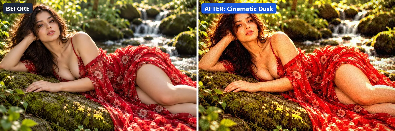 Before and after comparison of the Cinematic Dusk photo filter (Golden Hour) on the sample photo