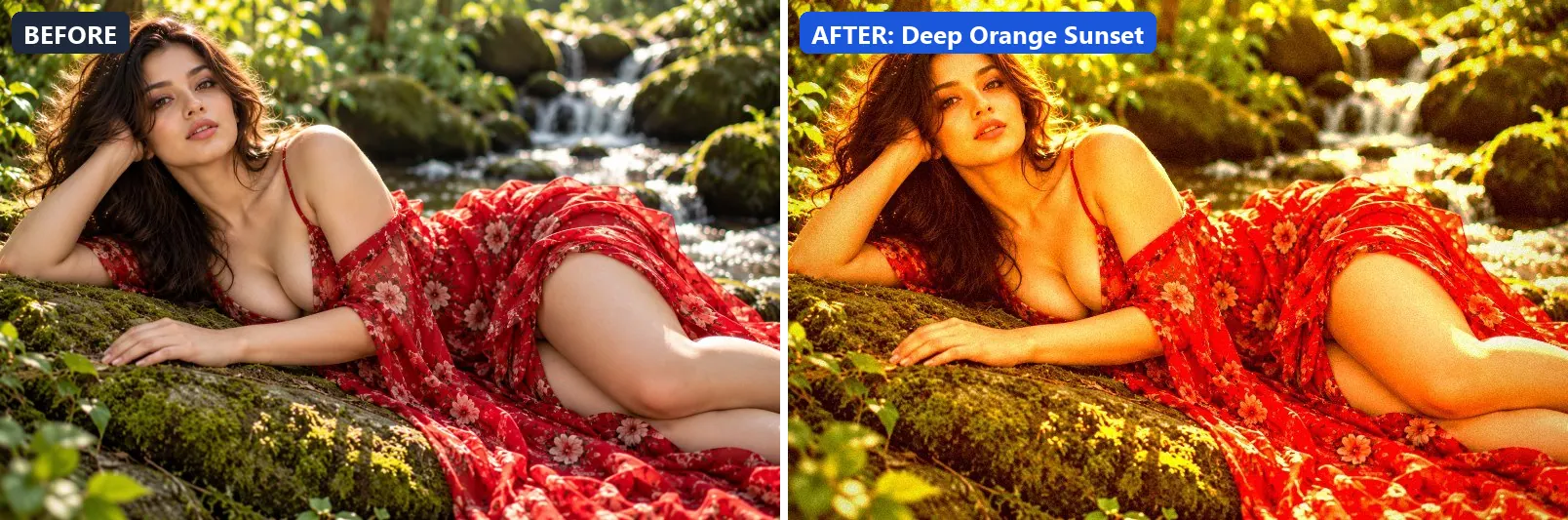Before and after comparison of the Deep Orange Sunset photo filter (Golden Hour) on the sample photo