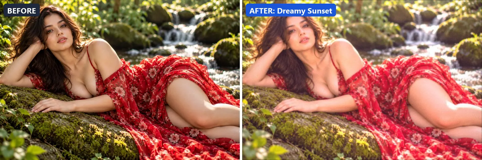 Before and after comparison of the Dreamy Sunset photo filter (Golden Hour) on the sample photo
