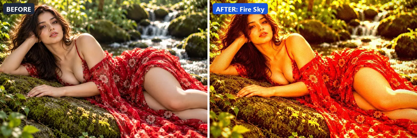 Before and after comparison of the Fire Sky photo filter (Golden Hour) on the sample photo