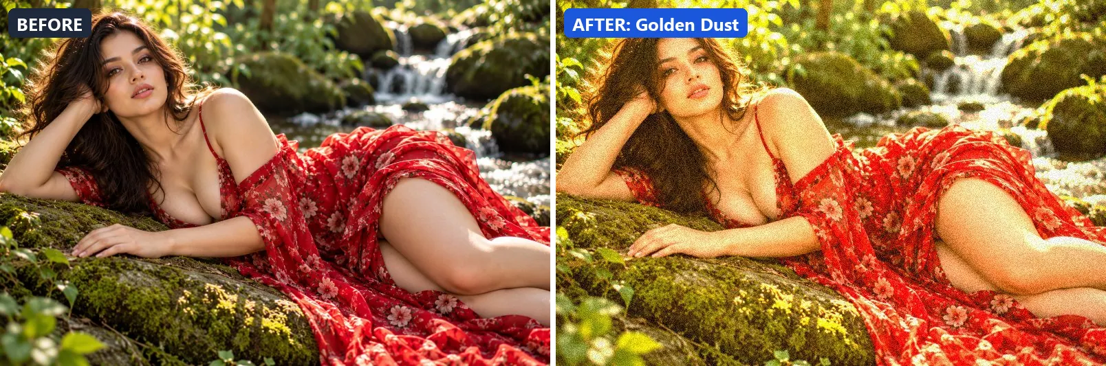 Before and after comparison of the Golden Dust photo filter (Golden Hour) on the sample photo