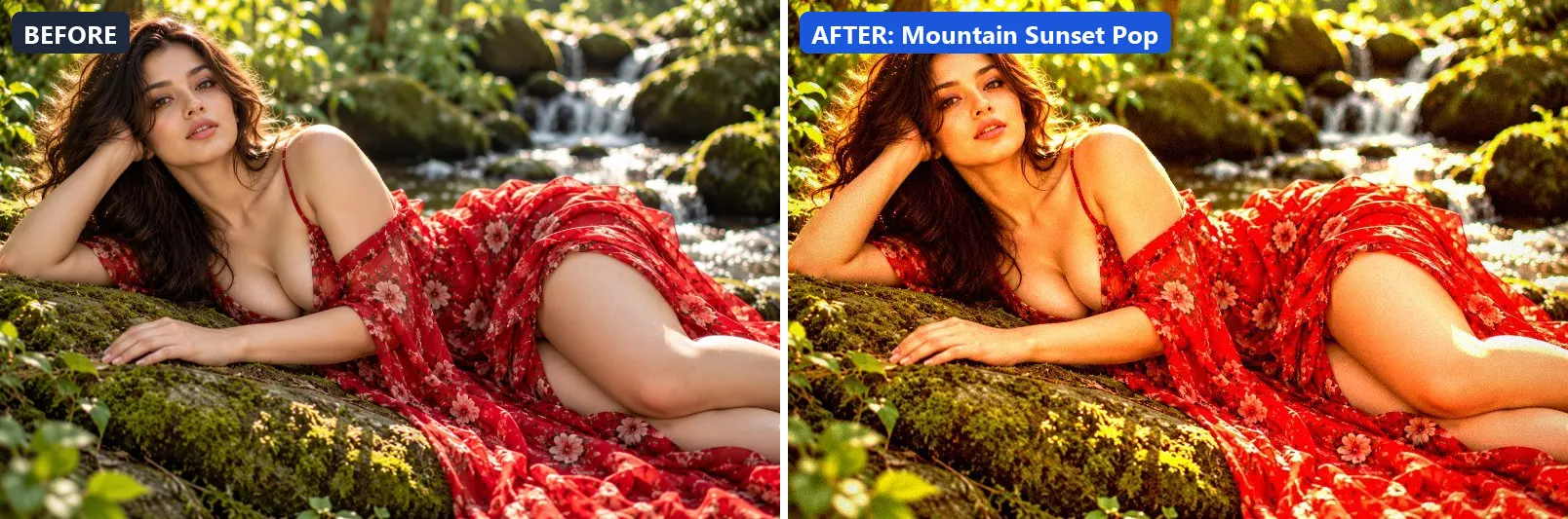 Before and after comparison of the Mountain Sunset Pop photo filter (Golden Hour) on the sample photo