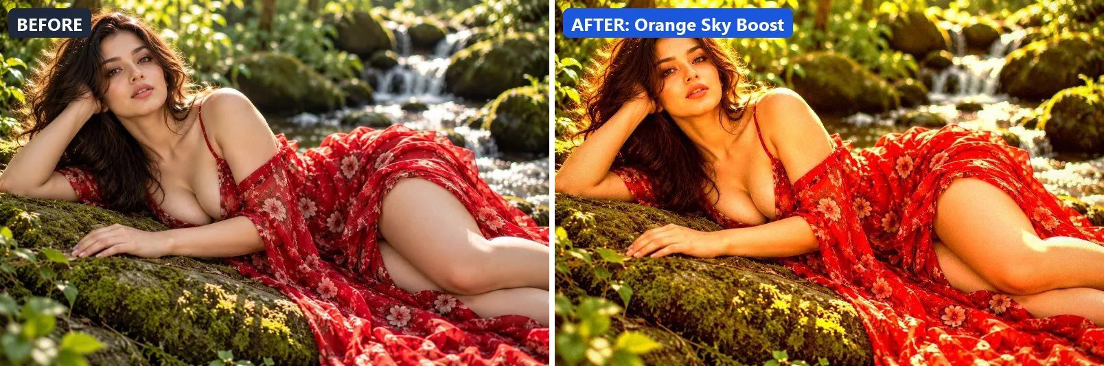 Before and after comparison of the Orange Sky Boost photo filter (Golden Hour) on the sample photo