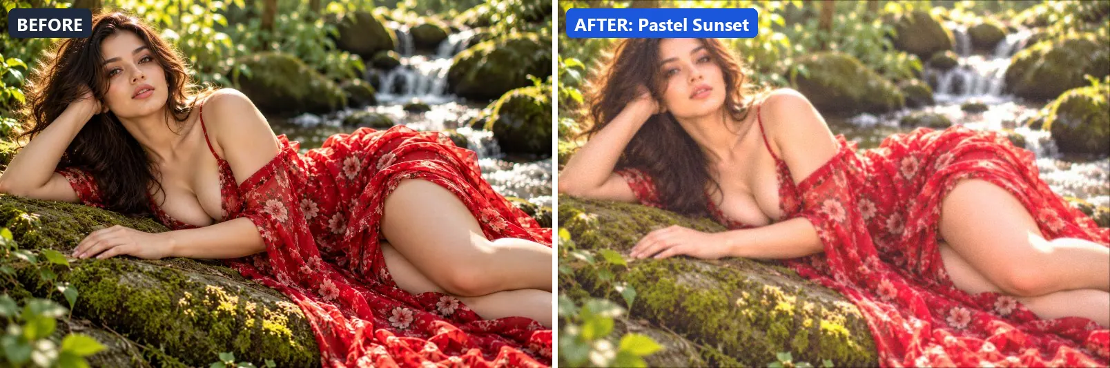 Before and after comparison of the Pastel Sunset photo filter (Golden Hour) on the sample photo