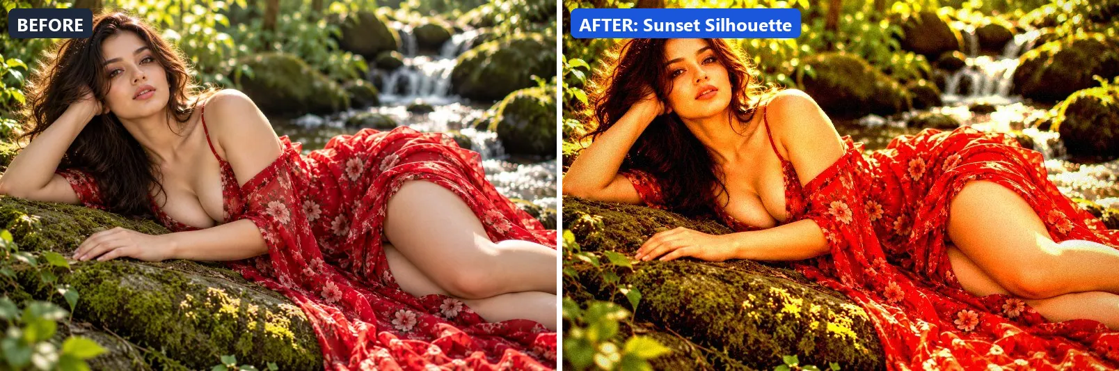 Before and after comparison of the Sunset Silhouette photo filter (Golden Hour) on the sample photo