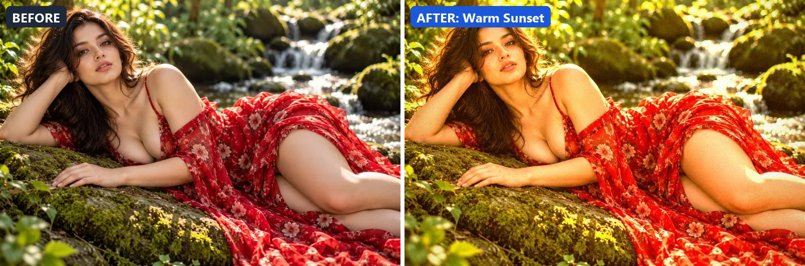 Before and after comparison of the Warm Sunset photo filter (Golden Hour) on the sample photo