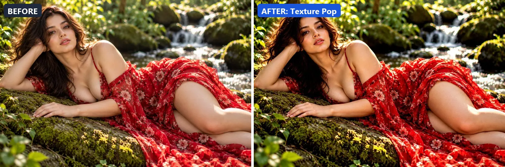 Before and after comparison of the Texture Pop photo filter (Clarity & Detail) on the sample photo