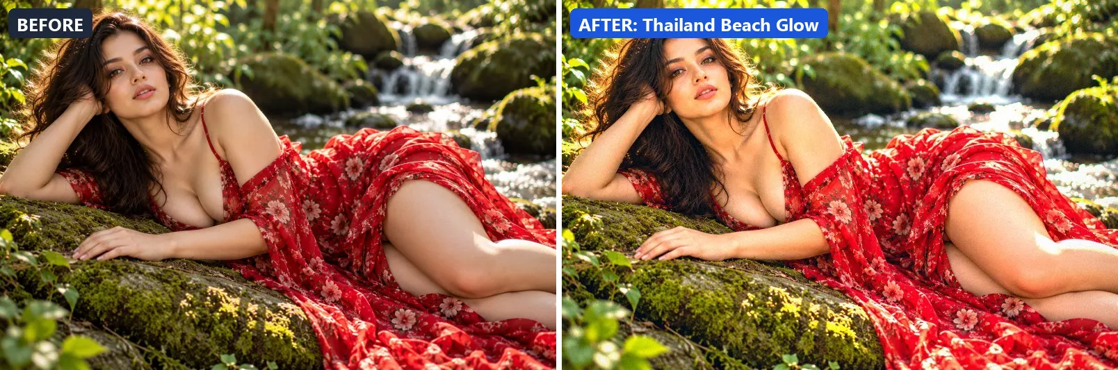 Before and after comparison of the Thailand Beach Glow photo filter (Travel Destinations) on the sample photo