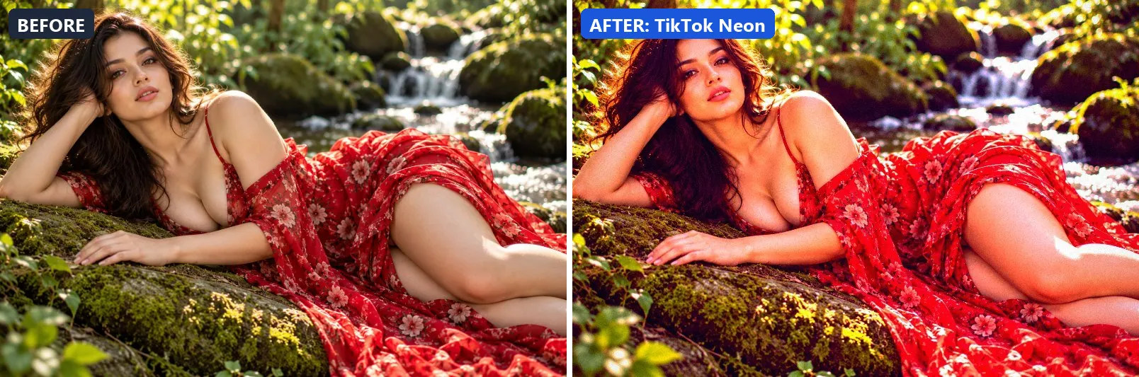 Before and after comparison of the TikTok Neon photo filter (Social Media) on the sample photo