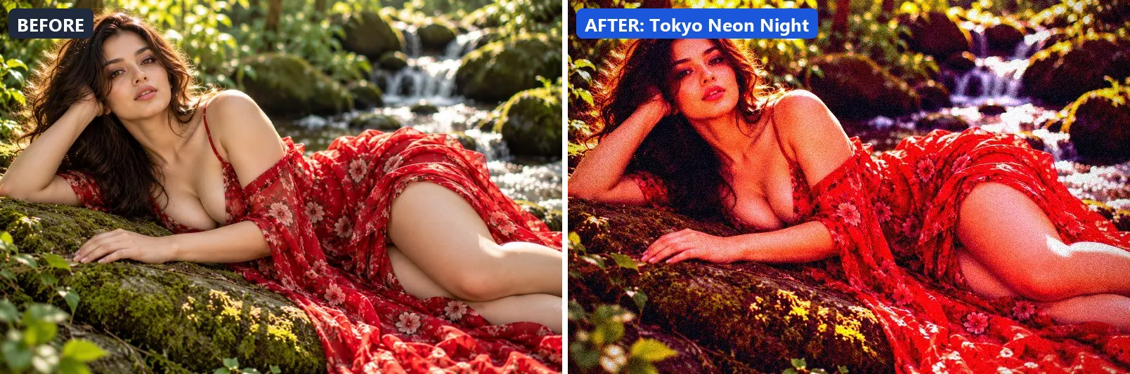 Before and after comparison of the Tokyo Neon Night photo filter (Cinematic) on the sample photo