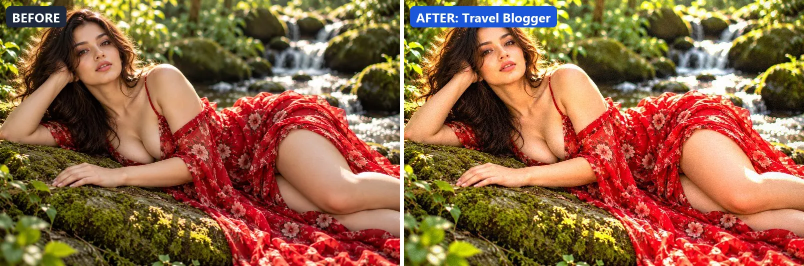 Before and after comparison of the Travel Blogger photo filter (Social Media) on the sample photo