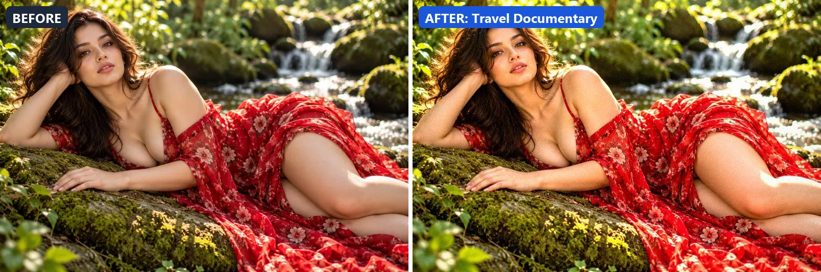 Before and after comparison of the Travel Documentary photo filter (Cinematic) on the sample photo