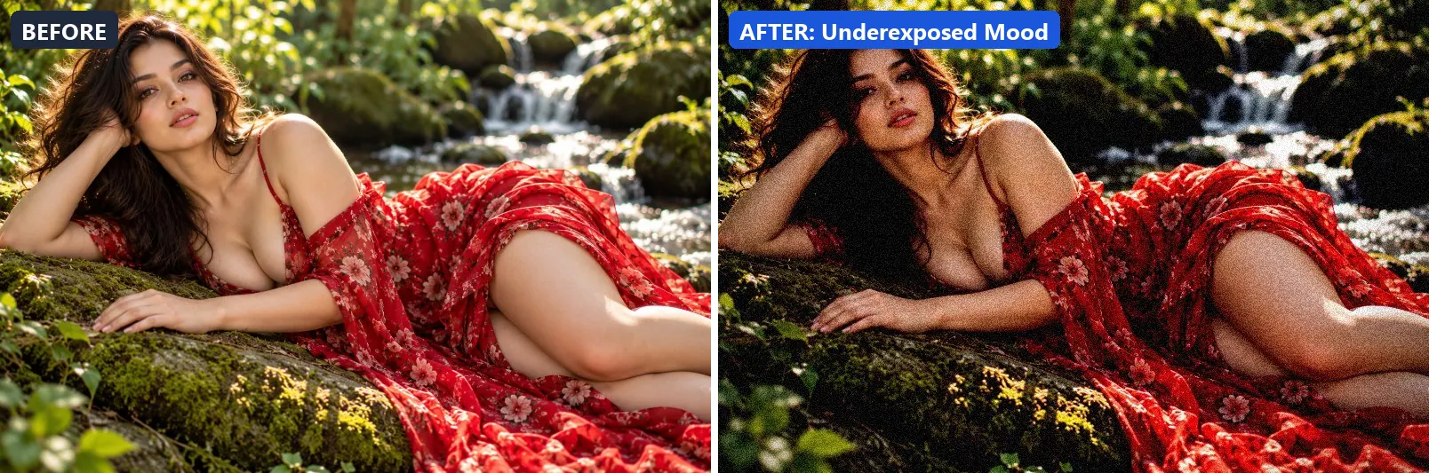 Before and after comparison of the Underexposed Mood photo filter (Lighting Effects) on the sample photo