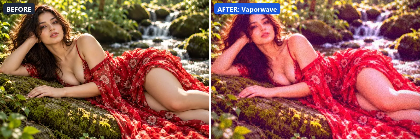 Before and after comparison of the Vaporwave photo filter (Artistic Styles) on the sample photo