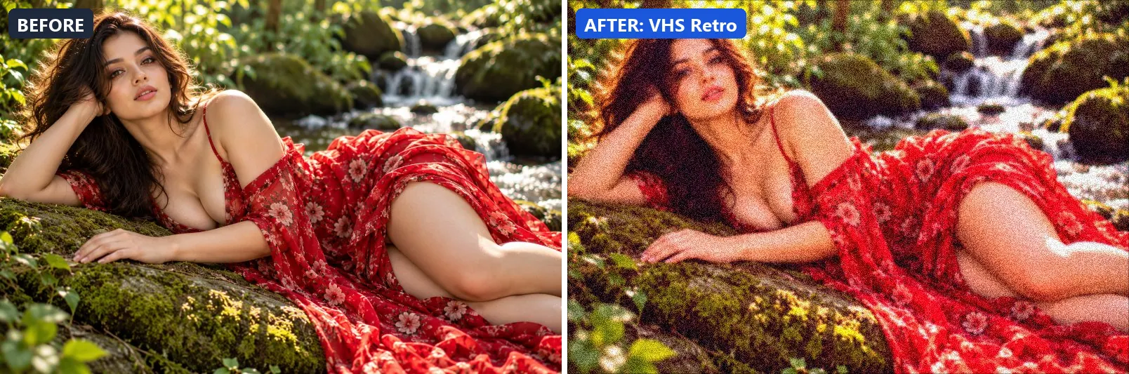 Before and after comparison of the VHS Retro photo filter (Artistic Styles) on the sample photo