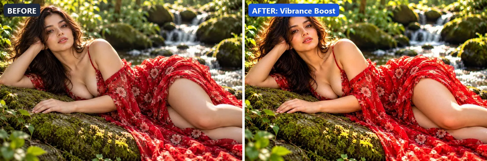 Before and after comparison of the Vibrance Boost photo filter (Clarity & Detail) on the sample photo