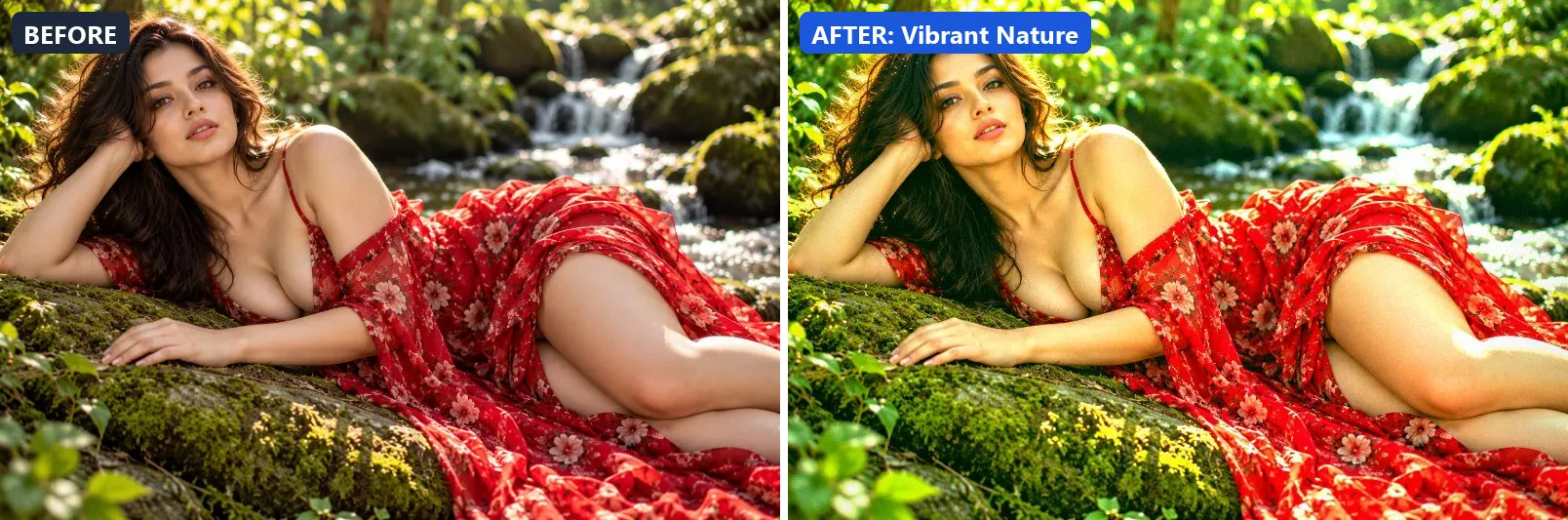 Before and after comparison of the Vibrant Nature photo filter (Natural Extras) on the sample photo