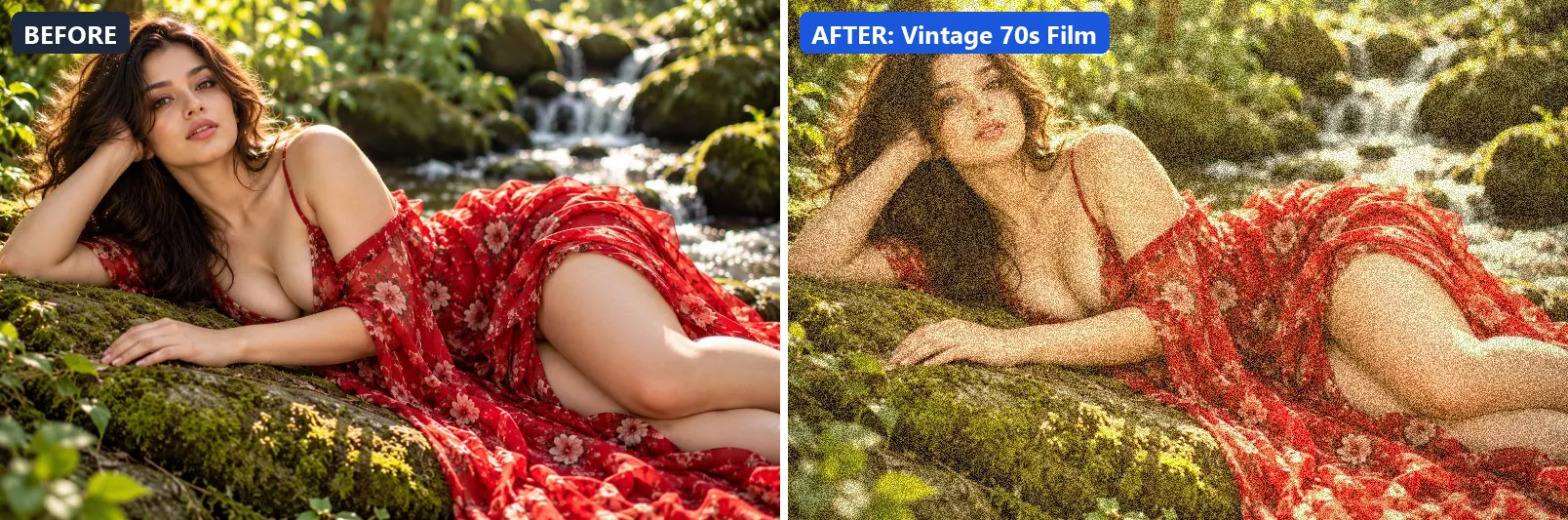 Before and after comparison of the Vintage 70s Film photo filter (Cinematic) on the sample photo