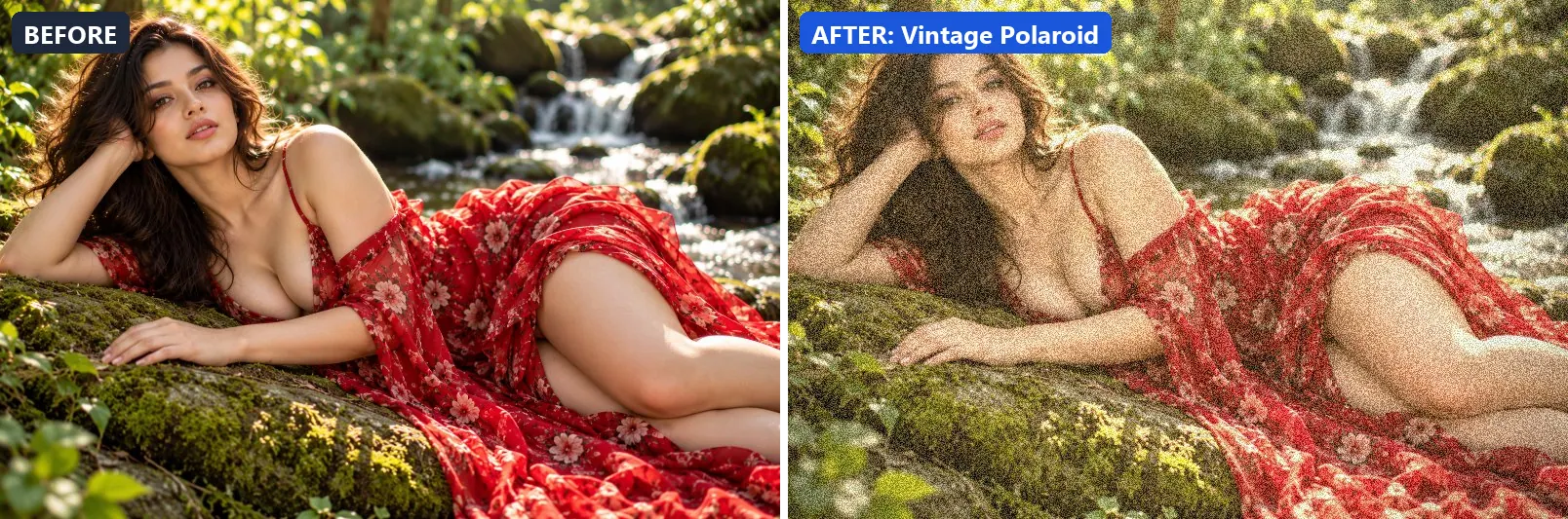 Before and after comparison of the Vintage Polaroid photo filter (Artistic Styles) on the sample photo