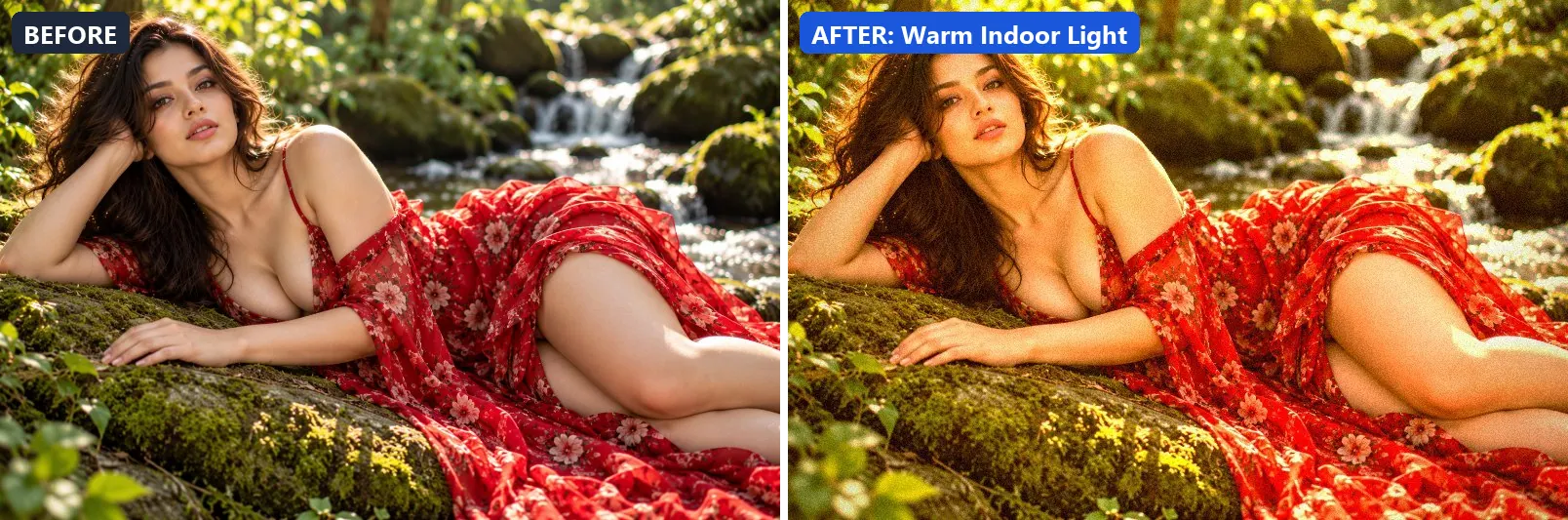 Before and after comparison of the Warm Indoor Light photo filter (Lighting Effects) on the sample photo
