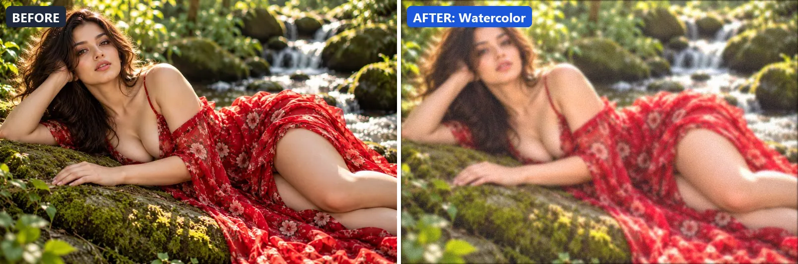 Before and after comparison of the Watercolor photo filter (Artistic Styles) on the sample photo