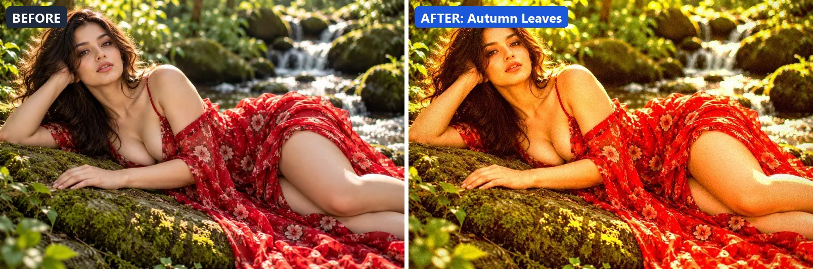 Before and after comparison of the Autumn Leaves photo filter (Weather) on the sample photo