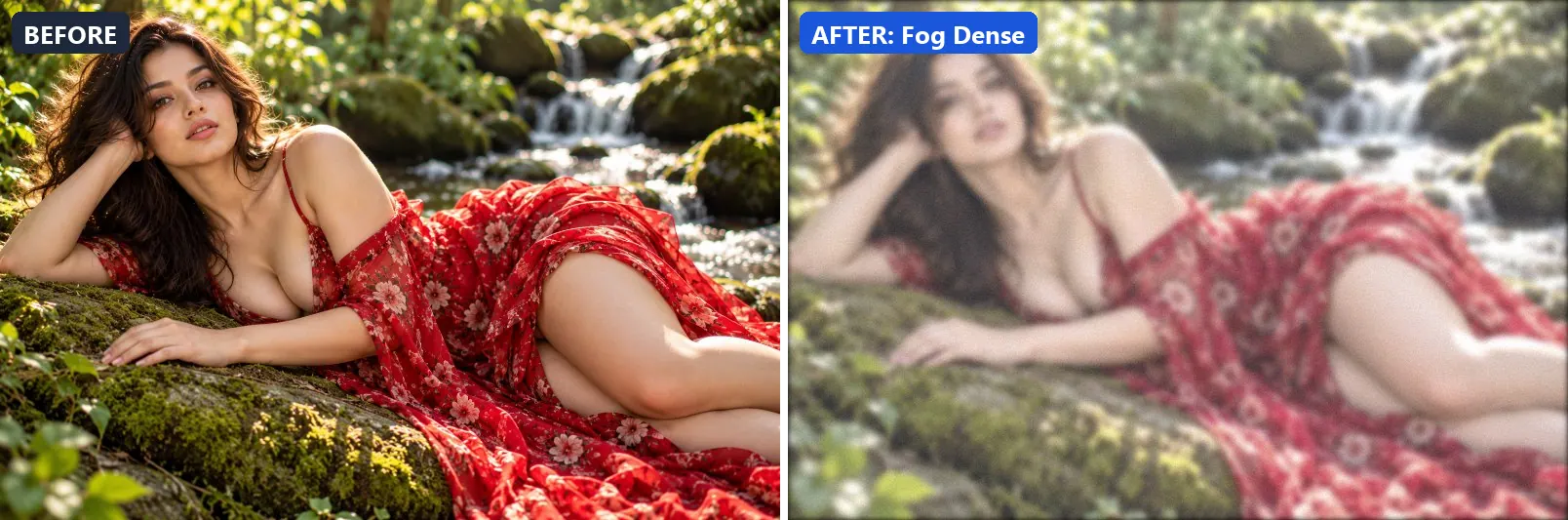 Before and after comparison of the Fog Dense photo filter (Weather) on the sample photo