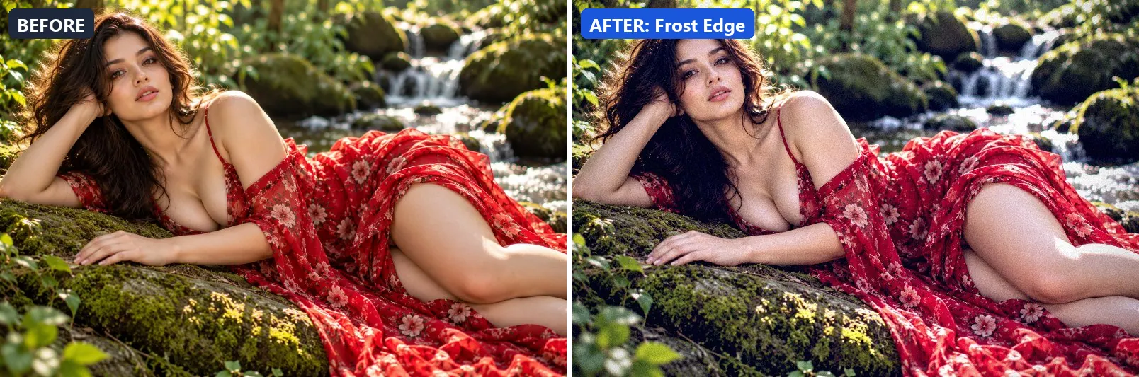 Before and after comparison of the Frost Edge photo filter (Weather) on the sample photo