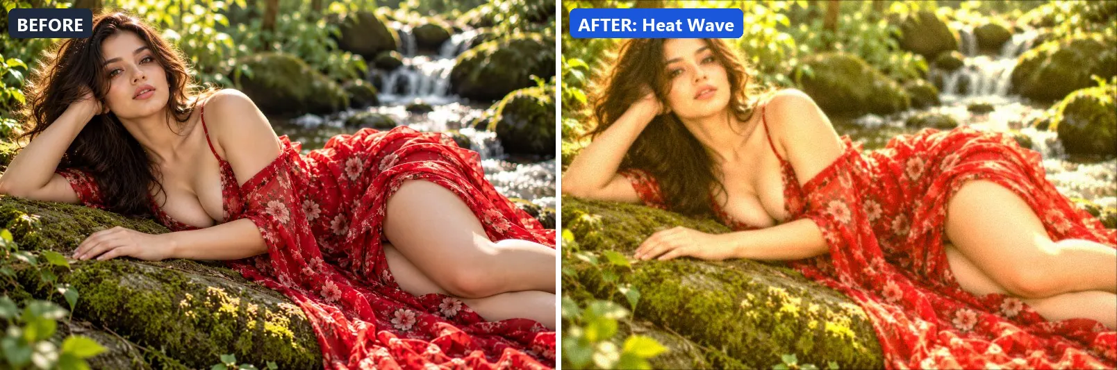 Before and after comparison of the Heat Wave photo filter (Weather) on the sample photo