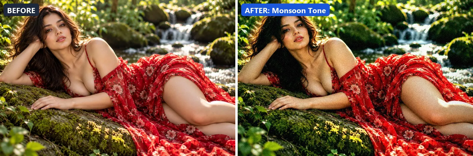 Before and after comparison of the Monsoon Tone photo filter (Weather) on the sample photo