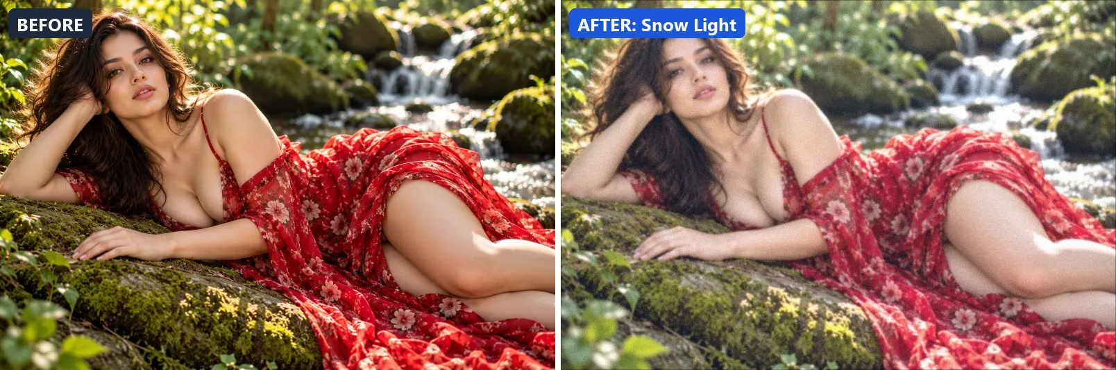Before and after comparison of the Snow Light photo filter (Weather) on the sample photo