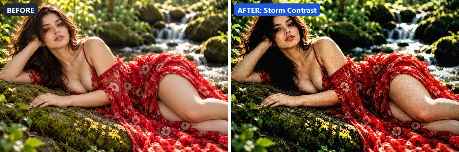 Before and after comparison of the Storm Contrast photo filter (Weather) on the sample photo