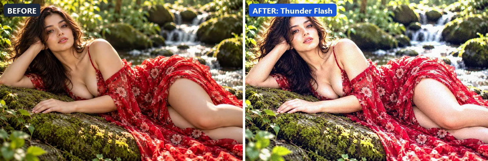 Before and after comparison of the Thunder Flash photo filter (Weather) on the sample photo