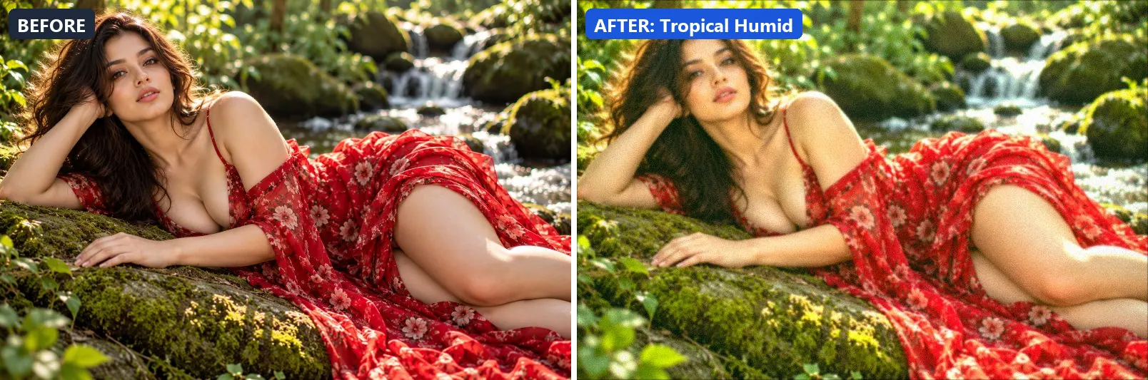 Before and after comparison of the Tropical Humid photo filter (Weather) on the sample photo
