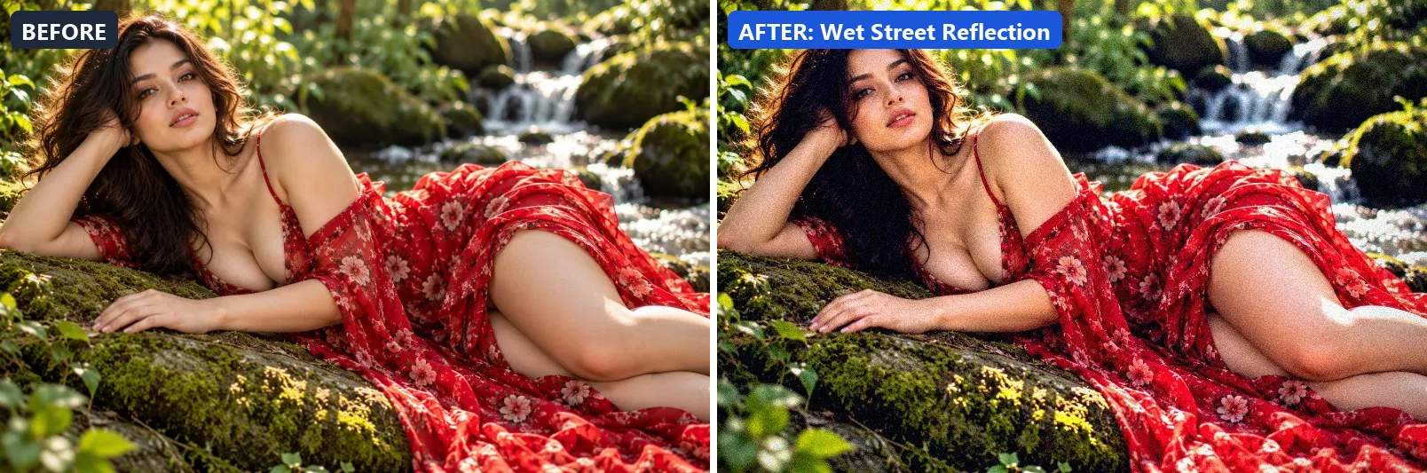 Before and after comparison of the Wet Street Reflection photo filter (Weather) on the sample photo
