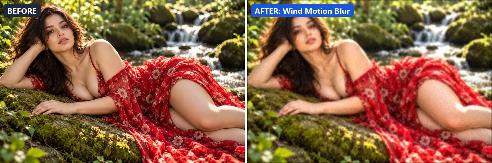 Before and after comparison of the Wind Motion Blur photo filter (Atmosphere) on the sample photo