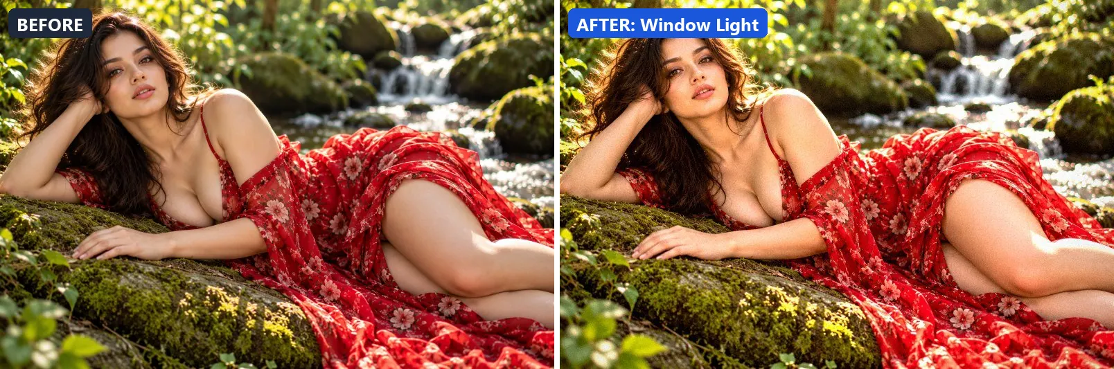 Before and after comparison of the Window Light photo filter (Lighting Effects) on the sample photo