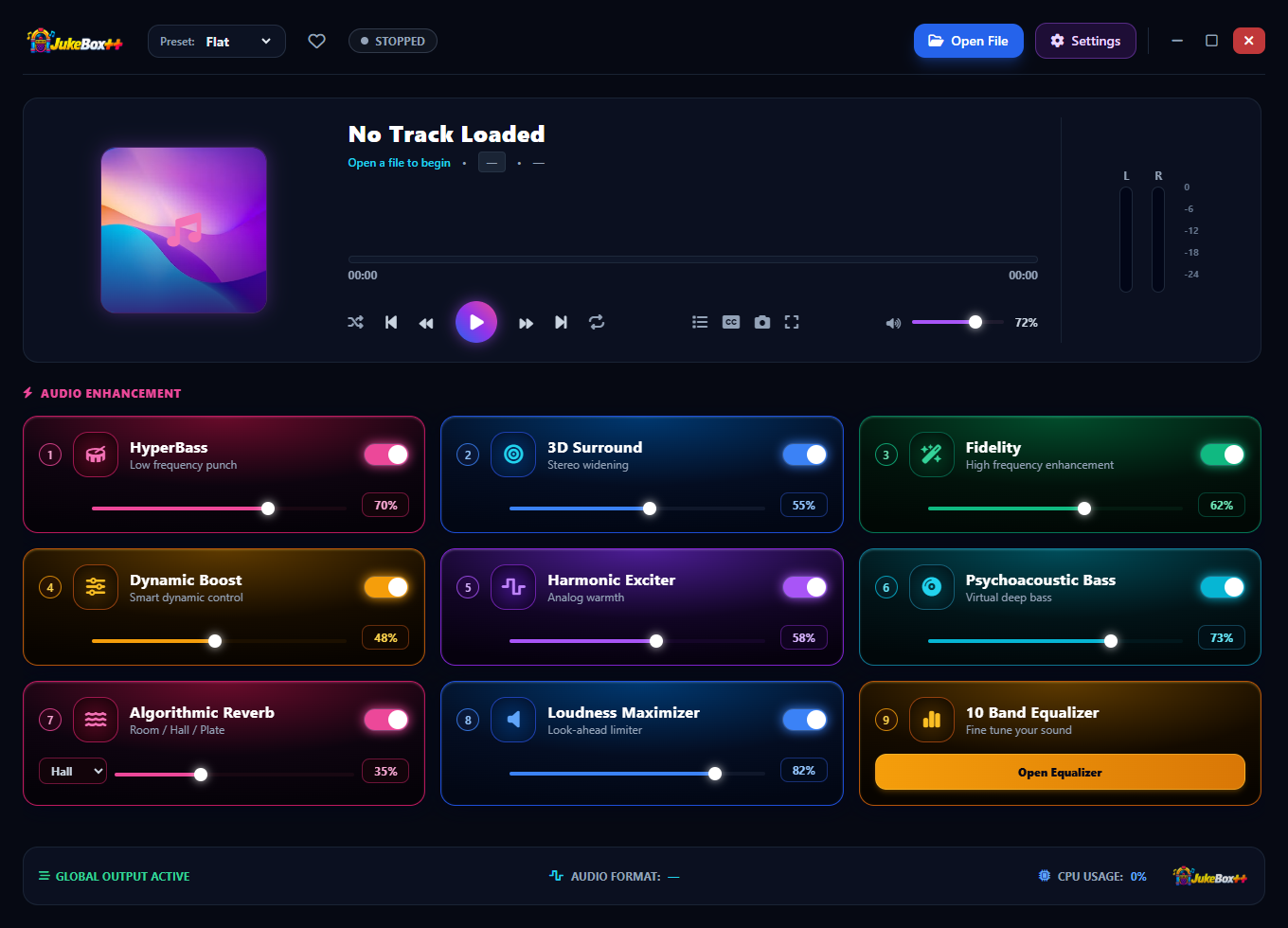 JukeBox++ main interface showing all nine enhancement processors displayed as cards with their individual intensity settings and the JUKEBOX branding in the bottom status bar