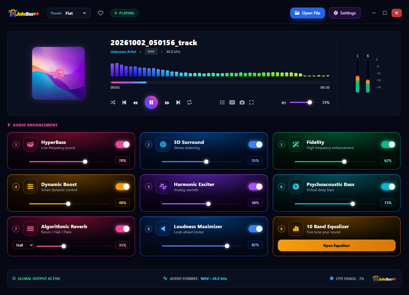 JukeBox++ playing a WAV audio track with the spectrum analyser showing colourful frequency bars and the audio format confirmed as WAV 44.8 kHz in the status bar