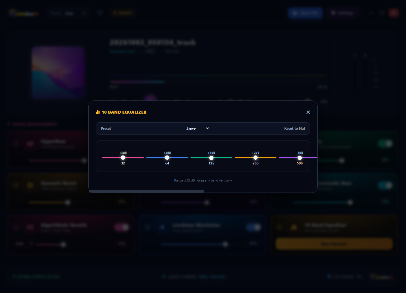 JukeBox++ 10-band EQ with the Jazz preset applying a warm, mid-forward curve suited to acoustic instruments and vocals