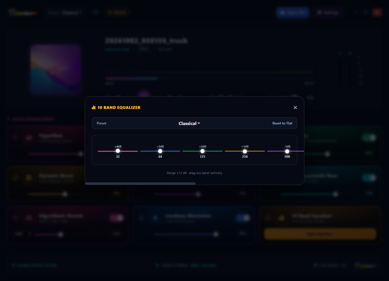 JukeBox++ 10-band EQ with the Classical preset showing a gentle, minimal curve designed to preserve the natural dynamics and tonal balance of orchestral recordings