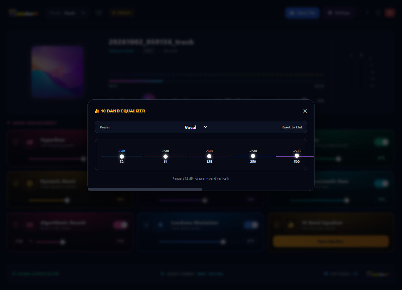 JukeBox++ 10-band EQ with the Electronic preset applying a strong bass and treble boost with a scooped midrange for electronic dance music