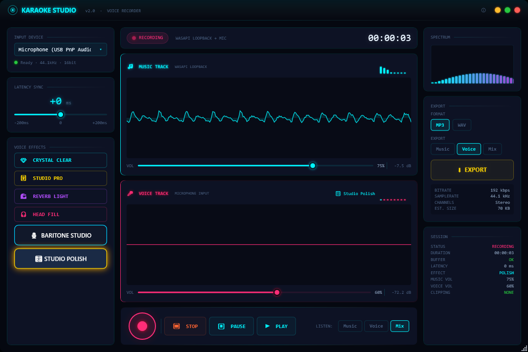 Karaoke Studio++ with backing track playing and voice recording active, showing waveform on the music track and the RECORDING indicator lit