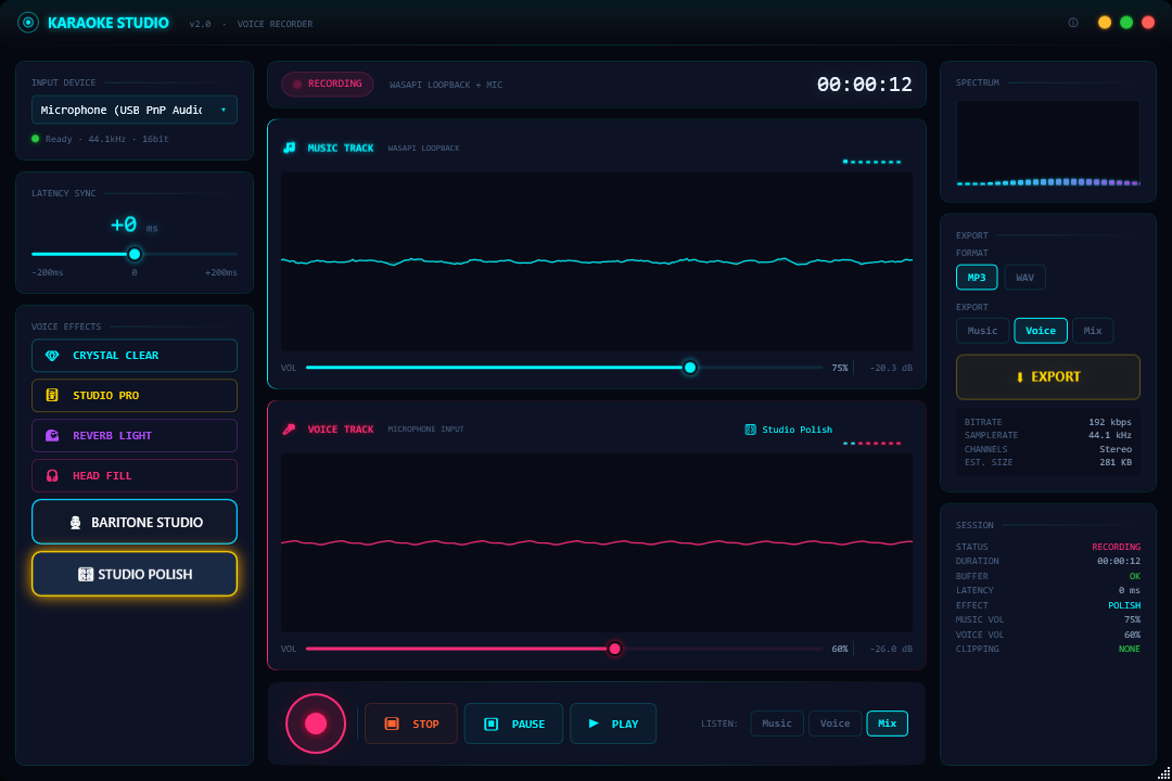 Karaoke Studio++ with both the music track and voice track showing waveforms after recording is complete, ready for mixing and export