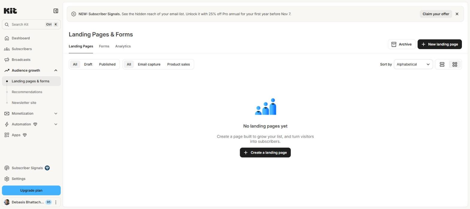 Kit dashboard, Audience growth menu, Landing pages and forms page