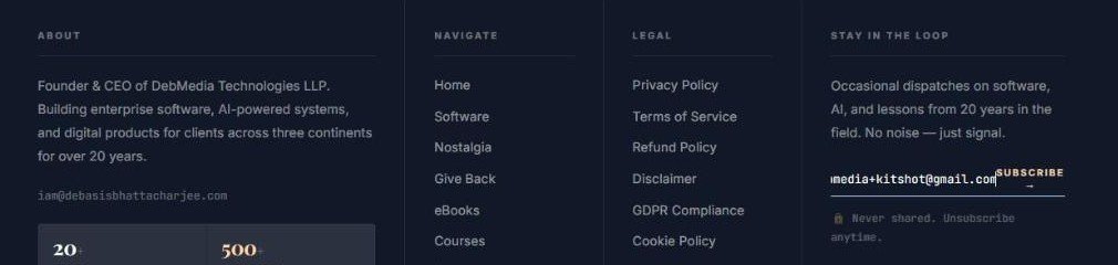 A test email address typed into the footer sign-up form