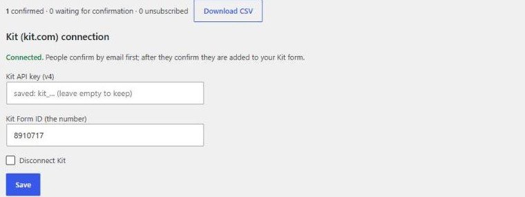 WordPress admin Subscribers page with the Kit connection box showing Connected